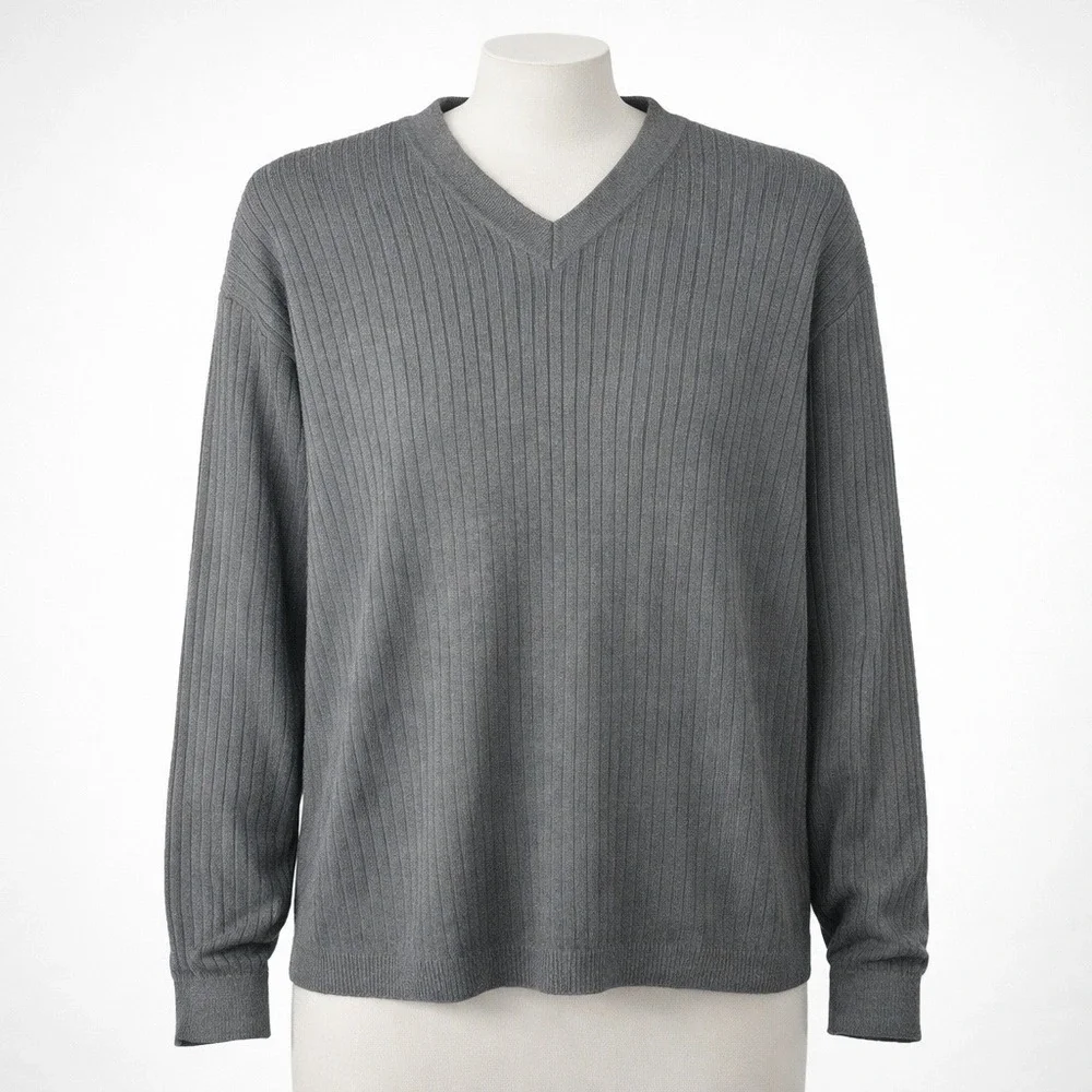 Vintage Y2K Mens Silk Ribbed V Neck Sweater Size L Gray Preppy Casual‎ Pullover